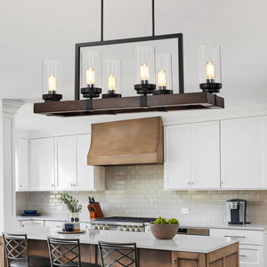 Matte Black / Wood Grain Metal Chandelier Fixture, 6 Lights Ceiling Pendant Ligh, Adjustable Height , E26*6 (No Include Bulb)