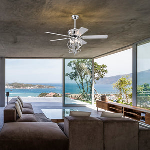 52” 4 Lights Ceiling Fan with 5 Wood Blades, Two-Color Fan Blade, AC Motor, Remote Control, Reversible Airflow, 3-Speed, Adjustable Height, Traditional Ceiling Fan (Silver)