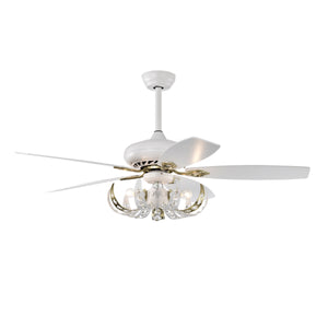 52" Crystal Ceiling Fan with 5 Reversible Blades Light Kit and Remote Control, 3-Speed  - Matte White