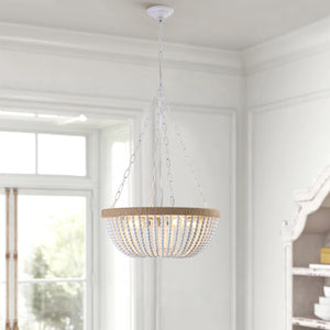 23.6" Bohemian Style Wood Bead Chandelier Oak White Chain Chandelier Farmhouse Cage Chandelier