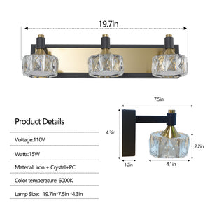 19.7” Luxury Modern Crystal Vanity Light Bathroom Mirror Light LED 3-Light Wall Lighting Fixture