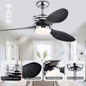 52'' ABS Blades Ceiling Fan with Lights and Remote (6 Speeds Adjustable) , DC Motor Modern Ceiling Fan with 3 Abs Fan Blades & 2 down Rods, Indoor Ceiling Fan with Light