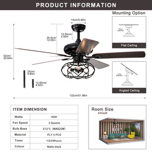 52" Cage Ceiling Fan Light Industrial Style Dark Wood Ceiling Fan