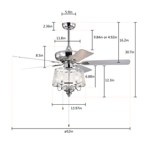 52" Crystal Ceiling Fan, Modern Electrical Fan with 5 Wood Reversible Blades, 4 Bulbs Not Included,Noiseless Reversible AC Motor (Chrome)