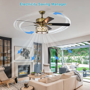 52" Vintage Bronze Crystal Ceiling Fan Light with 5 Wood Two-Tone Blades, Remote Control 3-Speed Reversible Ceiling Fan