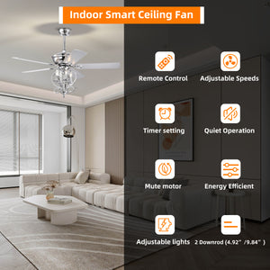 52” 4 Lights Ceiling Fan with 5 Wood Blades, Two-Color Fan Blade, AC Motor, Remote Control, Reversible Airflow, 3-Speed, Adjustable Height, Traditional Ceiling Fan (Silver)