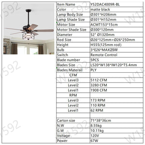 52" Modern Ceiling Fan with Dual Finish Reversible Blades, Fandelier-Matte Black