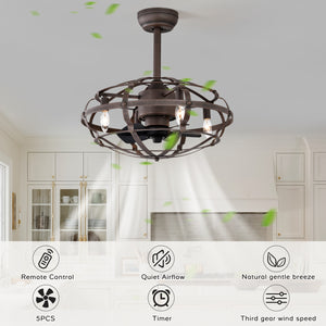 21" Matte Black Cage Ceiling Fan Industrial Style Remote Control Ceiling Fan Light Kit 3-Speed Timer Ceiling Fan