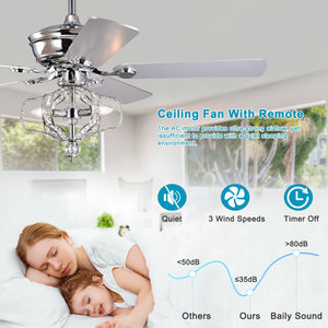 52" Chrome Crystal Chandelier American Retro Ceiling Fan Reversible 3-speed Silent Ceiling Fan