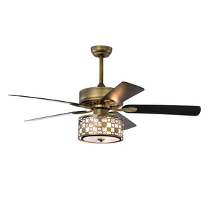 52" Vintage Bronze Crystal Ceiling Fan Light with 5 Wood Two-Tone Blades, Remote Control 3-Speed Reversible Ceiling Fan