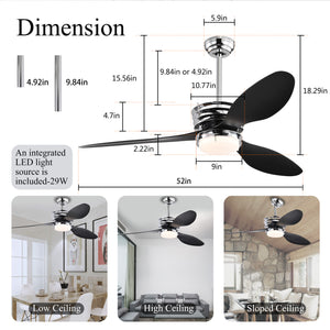 52'' ABS Blades Ceiling Fan with Lights and Remote (6 Speeds Adjustable) , DC Motor Modern Ceiling Fan with 3 Abs Fan Blades & 2 down Rods, Indoor Ceiling Fan with Light