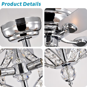 52" Chrome Crystal Chandelier American Retro Ceiling Fan Reversible 3-speed Silent Ceiling Fan