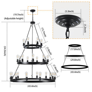 43.4" Large Vintage Triple Round Candle Chandelier Living Room Ceiling Candle Holder Chandelier Black Chain Chandelier