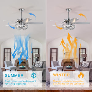 52" Crystal Ceiling Fan with 5 Reversible Blades Light Kit and Remote Control, 3-Speed (High, Mid,Low) Adjustable