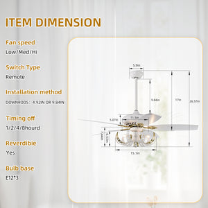 52" Crystal Ceiling Fan with 5 Reversible Blades Light Kit and Remote Control, 3-Speed  - Matte White