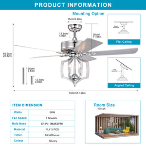 52" Chrome Ceiling Fan Light Vintage Pendant Light Reversible 3-speed Silent Ceiling Fan 1H/2H/4H/8H Timer