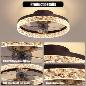 19.7" Simple LED Ring Ceiling Light Luxury Crystal Ceiling Light Brown Fan Light