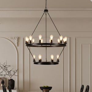 40.2" Large Vintage Double Round Candle Chandelier Living Room Ceiling Candle Holder Chandelier Black Chain Chandelier