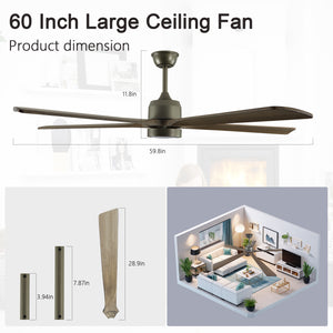 60" Modern Ceiling Fan Light Olive Green Wood Ceiling Fan 6 Speed Silent Reversible Ceiling Fan