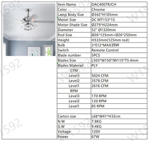 52" Dual Wood 5-Blade Crystal Ceiling Fan with Remote