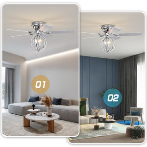 52" Chrome Ceiling Fan, Candle Pendant Light, Cage Ceiling Fan Light, Reversible 3-speed Silent Ceiling Fan