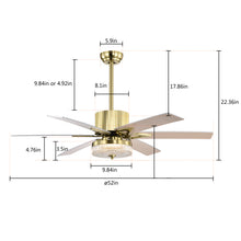 Cargar imagen en el visor de la galería, 52&quot; Modern Style Ceiling Fan Light Gold LED Ceiling Light Remote Control 3 Speed Reversible Silent Ceiling Fan, 1h/4h/8h Timer
