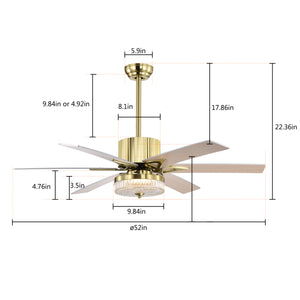 52" Modern Style Ceiling Fan Light Gold LED Ceiling Light Remote Control 3 Speed Reversible Silent Ceiling Fan, 1h/4h/8h Timer