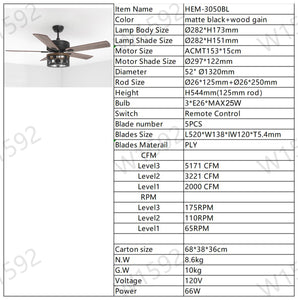 52'' Plywood Blades Ceiling Fan with Remote Control