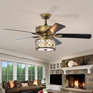 52" Vintage Bronze Crystal Ceiling Fan Light with 5 Wood Two-Tone Blades, Remote Control 3-Speed Reversible Ceiling Fan